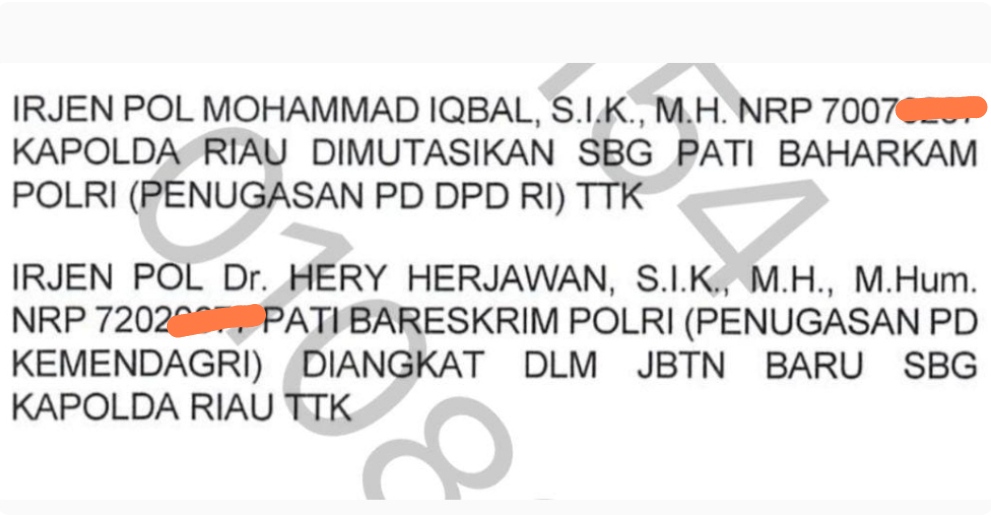 Kapolda Riau Dimutasi ke DPD RI, ini Daftar Lengkap Mutasi Sejumlah Pejabat Polisi di Riau